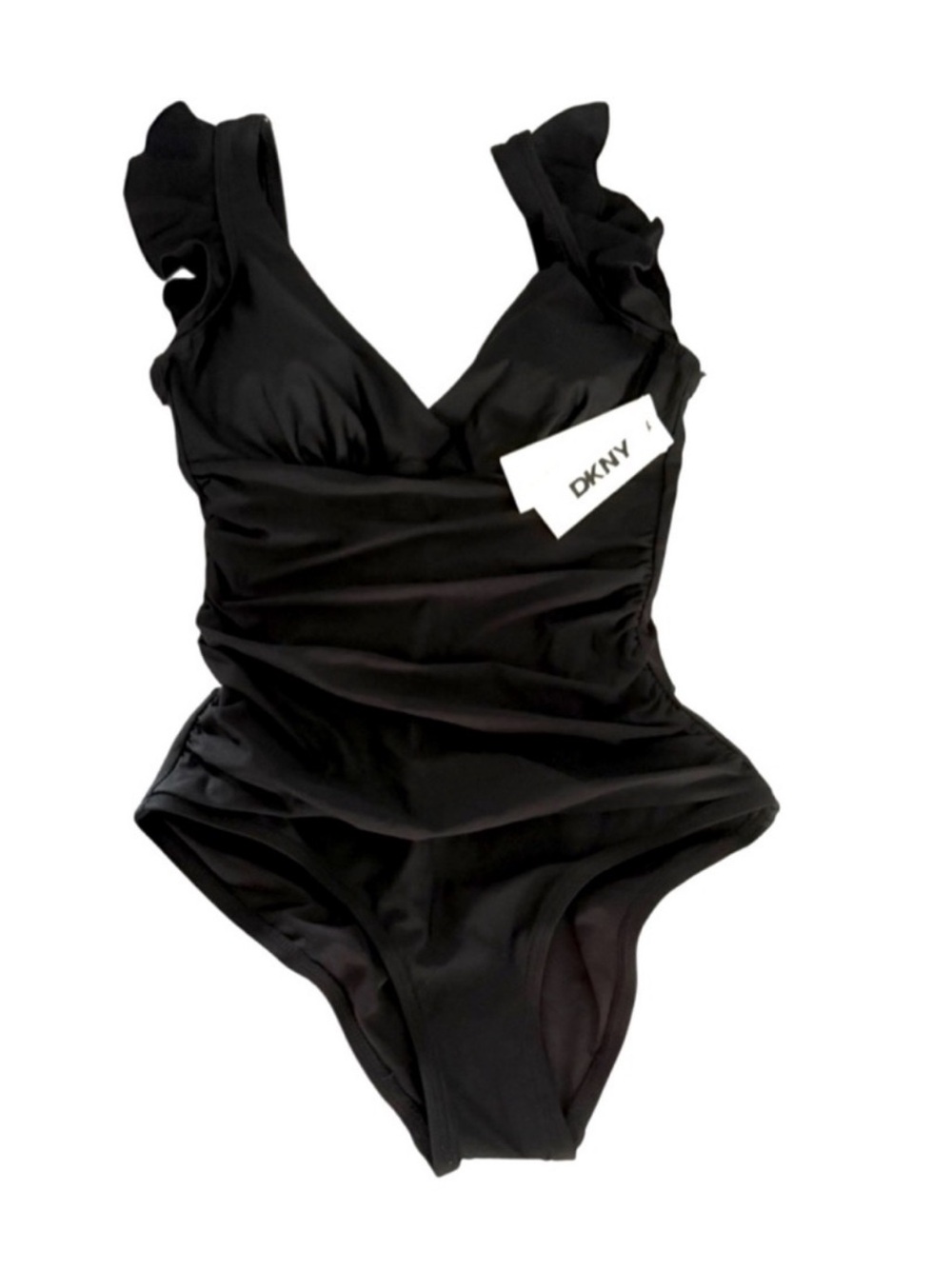 NEW DKNY One Piece Swimsuit Tummy Control Low Back Ruffle Straps Black Size S - Picture 14 of 16
